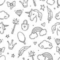 Hand drawn princess doodle seamless pattern. Beauty pattern with cute girl princess accessories, fairy unicorn, castle Royalty Free Stock Photo