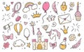 Hand drawn princess doodle set. Beauty cute girl princess accessories, fairy unicorn, castle. Doodle background. Royalty Free Stock Photo