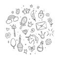 Hand drawn princess doodle set. Beauty cute girl princess accessories, fairy unicorn, castle. Doodle background. Royalty Free Stock Photo