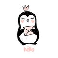 Hand drawn princess penguin. Doodle cute animal illustration. Vector character with love letter. Royalty Free Stock Photo