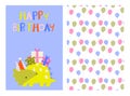 Happy birthday. Lovely vector illustration and pattern with funny dinosaur and gift.