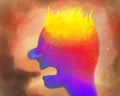 Hand-drawn profile of a man. Anger and rage, irritation, fury. A head burning like a planet, a cry of anger, pain Royalty Free Stock Photo