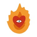 Hand drawn psychedelic one-eyed heart in the flame. Aesthetic simple doodle in retro style of 70s. Burning heart with Royalty Free Stock Photo