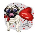 Hand drawn pug with heart shape baloon. Vector Valentine day greeting card. Cute colorful dog wears glasses and bandana