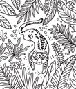 Black and white print with cartoon puma and tropical leaves in outline. Vector illustration