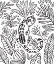 Black and white print with cartoon puma and tropical leaves in outline. Vector illustration