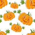 Hand drawn pumpkin character seamless pattern drawing with leaves. Happy Halloween or Thanksgiving illustration.