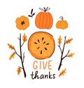 Hand drawn pumpkins and leaves. Cute card design for Halloween or Thankful day. Royalty Free Stock Photo