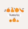 Hand drawn pumpkins and leaves. Cute card design for Halloween or Thankful day. Vector thanksgiving illustration Royalty Free Stock Photo