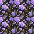 Hand drawn purple blooming flowers seamless pattern. Botanical floral and leaves background. Vector print, texture on ldark Royalty Free Stock Photo