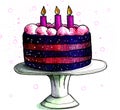 A hand-drawn purple cake with three candles on a stand. Alcohol markers. Royalty Free Stock Photo