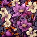 hand-drawn purple clematis, floral background, backdrop, natural texture .