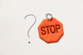 Hand drawn question mark and reflective sign with stop text on white background Royalty Free Stock Photo