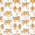 Quirky cows grazing grass seamless pattern