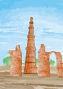 Hand Drawn Qutub Minar, New Delhi, India - Vector