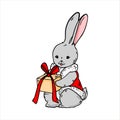 Hand drawn rabbit with a Christmas present. Vector illustration Royalty Free Stock Photo