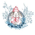 Hand drawn rabbit in red winter hat, scarf Xmas wreath Bunny symbol Chinese New Year 2023. Christmas decort. Tattoo art Royalty Free Stock Photo