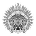 Hand Drawn Raccoon in Feathered War bonnet in zentangle style, h