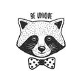 Hand drawn raccoon print. Be unique quote. Vector vintage illustration. Royalty Free Stock Photo