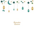 Hand drawn Ramadan Kareem gold and green colored with hanging lamps, crescents and stars