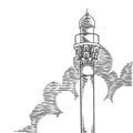 Hand drawn Ramadan Kareem and mosque minarets. Happy Eid mubarak. Template design for greeting card. Traditional islamic holiday