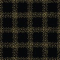 Hand drawn random gold sparkly grid design. Seamless geometric vector pattern on black background. Great for packaging