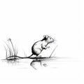 Hand-drawn Rat Sketch: Mouse Walking On Water In Black-and-white Style