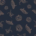 Hand Drawn Raven, Cat and Evil Pumpkin Vector Seamless Background Pattern. Halloween Celebration Greeting Sketches Card