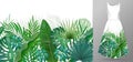 Hand drawn realistic branches and leaves of tropical plants. Vivid line horizontal leaves pattern. Green seamless border