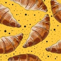 Hand drawn realistic croissant seamless pattern on yellow background. Vector