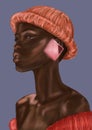 Hand-drawn realistic fashion illustration of imaginary afro girl, dressed in wool orange hat and sweater and bright earring