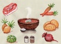 Hand drawn recipe of borscht soup. russian and ukrainian national dish. meat, carrot, onion, potato, cabbage, beet, salt, pepper a