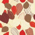 Vector illustration of red and brown leaves on light yellow background. Seamless pattern Royalty Free Stock Photo