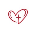 Hand drawn red calligraphy logo of Christian cross and heart love drawn by monoline brush. Isolated sign or symbol on a Royalty Free Stock Photo