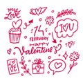 Hand drawn red color Valentines day holiday doodle elements set. Royalty Free Stock Photo