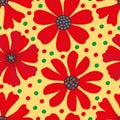 Hand Drawn Red, Green And Blue Blooming Flowers On Yellow Green Polka Dot Background. Seamless Vector Pattern. Great For