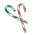 hand drawn red and green strips candy cane with black outline illustration