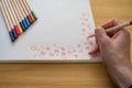 Hand Drawn Red Heart Photograph Row of Multicolored Pencils on White Background Royalty Free Stock Photo