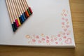 Hand Drawn Red Heart Photograph Row of Multicolored Pencils on White Background Royalty Free Stock Photo