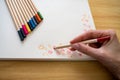 Hand Drawn Red Heart Photograph Row of Multicolored Pencils on White Background Royalty Free Stock Photo