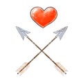 Hand drawn red heart and vintage arrows. Design elements for Valentines day. Vector illustration.
