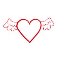 Hand drawn red heart with wings on white background. Scribble heart. Love concept for Valentine`s Day Royalty Free Stock Photo