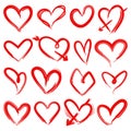 Hand drawn red hearts. Rough doodle drawn heart valentines day symbols vector collection Royalty Free Stock Photo