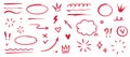 Hand drawn red highlight, text underline, emphasis mark, line shape set. Hand drawn scribble arrow, love heart, speech