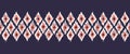 Hand-Drawn Red, Indigo and White Traditional Ikat Diamonds Vector Seamless Pattern Horizontal Border