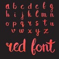 Hand drawn red ink calligraphic font for your design. Red alphabet on black background.