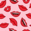 Hand drawn red lips and smile seamless pattern. Hand drawn women lips with red lipstick smiling and kissing