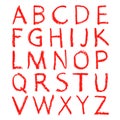Hand-drawn red lipstick alphabet. Calligraphy font. Modern brushpen lettering. Grunge style alphabet.