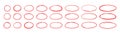 Hand drawn red ovals and circles set. Ovals of different widths. Highlight circle frames. Ellipses in doodle style. Set