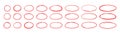 Hand drawn red ovals and circles set. Ovals of different widths. Highlight circle frames. Ellipses in doodle style. Set Royalty Free Stock Photo